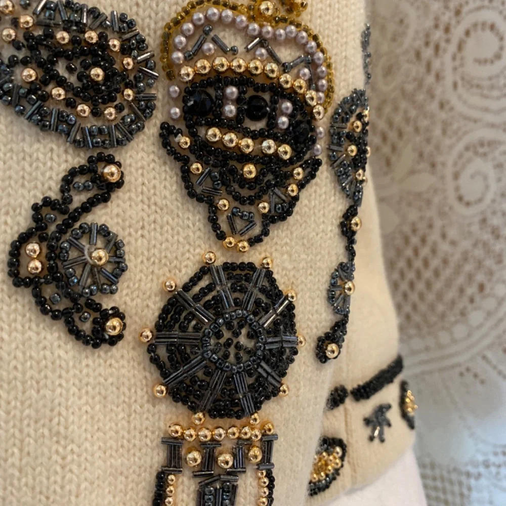 Vintage Premode Wool Beaded Cardigan Jacket (M) I Pearl & Gold Bead Embellished - Picture 6 of 11